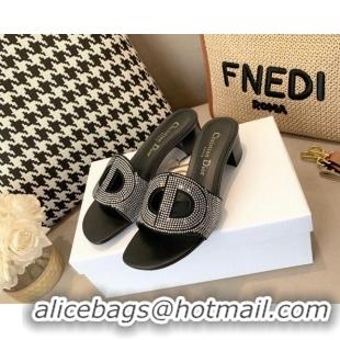 Best Price Dior D-Club Crystal CD Heel Slide Sandals 4cm Black 042246