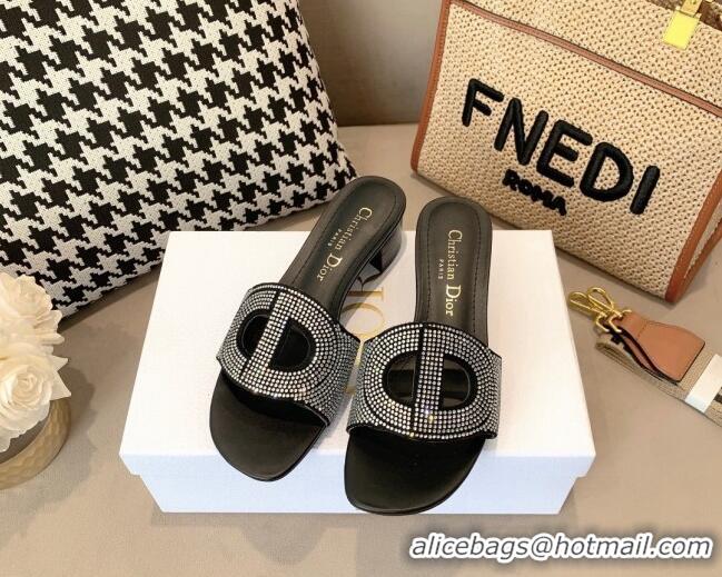 Best Price Dior D-Club Crystal CD Heel Slide Sandals 4cm Black 042246