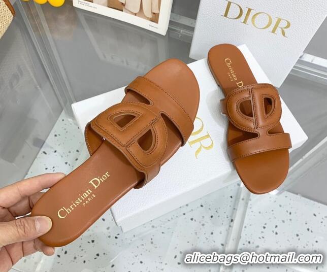 Good Quality Dior Leather CD Flat Slide Sandals Brown 042247