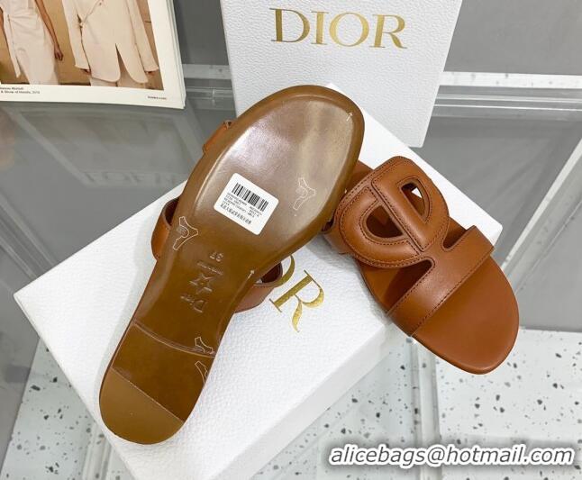 Good Quality Dior Leather CD Flat Slide Sandals Brown 042247