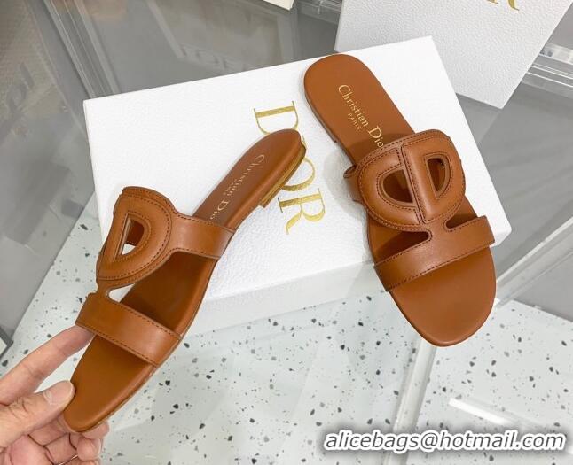 Good Quality Dior Leather CD Flat Slide Sandals Brown 042247