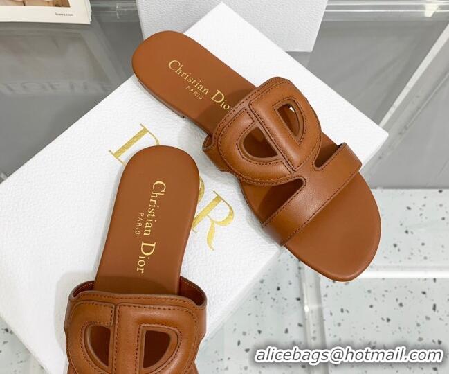 Good Quality Dior Leather CD Flat Slide Sandals Brown 042247