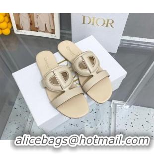 Unique Style Dior Leather CD Flat Slide Sandals Light Beige 042248