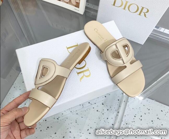 Unique Style Dior Leather CD Flat Slide Sandals Light Beige 042248