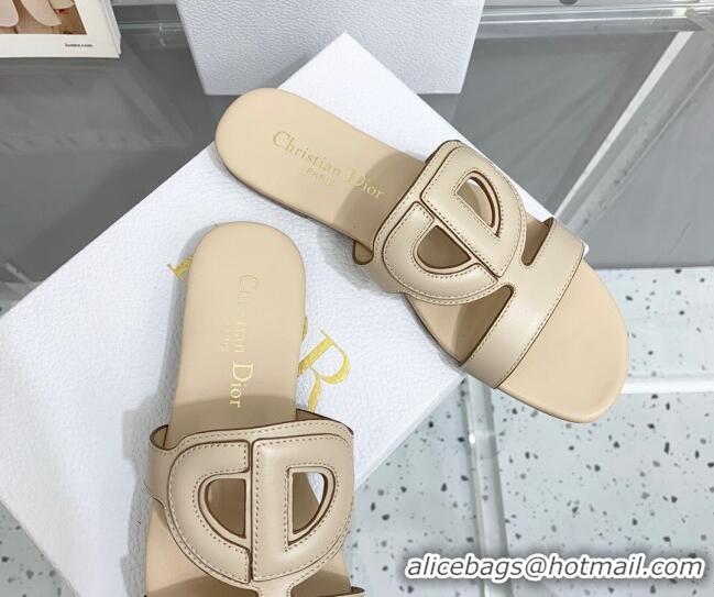 Unique Style Dior Leather CD Flat Slide Sandals Light Beige 042248