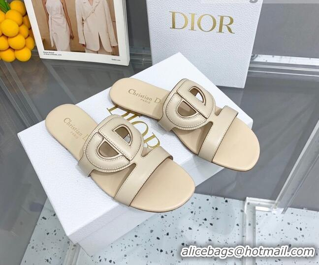 Unique Style Dior Leather CD Flat Slide Sandals Light Beige 042248