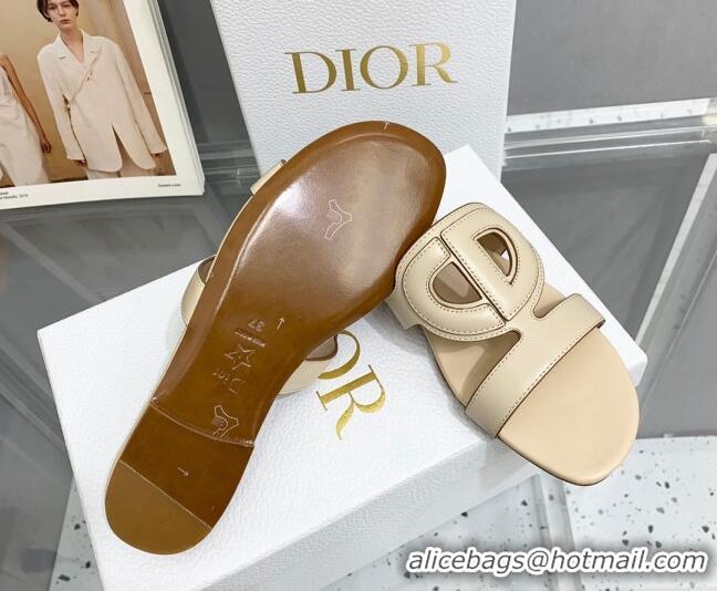 Unique Style Dior Leather CD Flat Slide Sandals Light Beige 042248