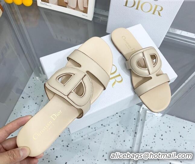 Unique Style Dior Leather CD Flat Slide Sandals Light Beige 042248