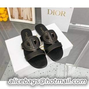 Top Design Dior Leather CD Flat Slide Sandals Black 042249