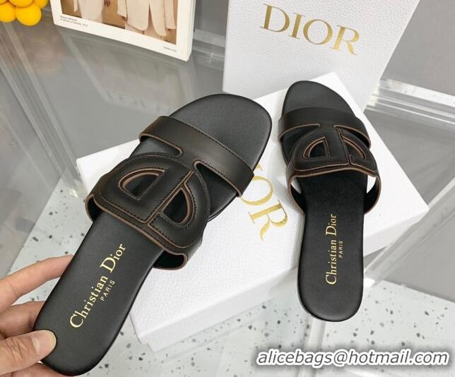 Top Design Dior Leather CD Flat Slide Sandals Black 042249