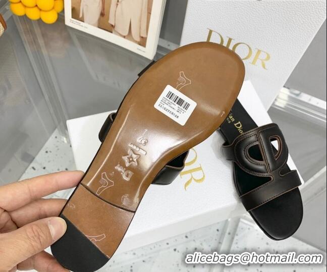 Top Design Dior Leather CD Flat Slide Sandals Black 042249