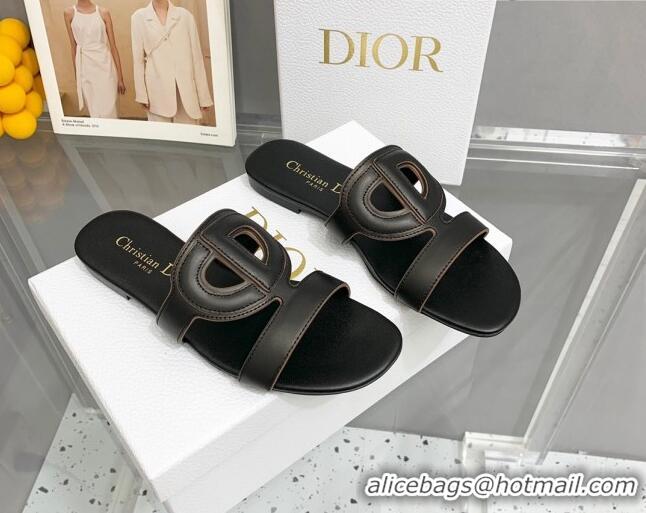 Top Design Dior Leather CD Flat Slide Sandals Black 042249