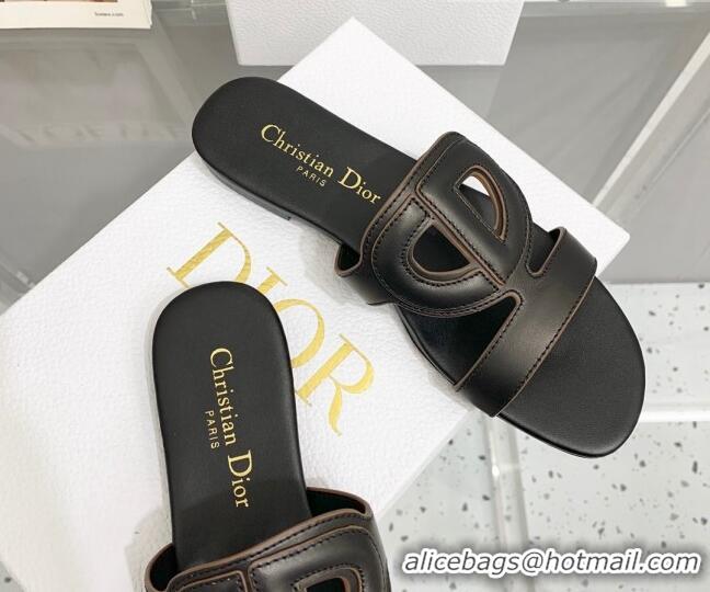 Top Design Dior Leather CD Flat Slide Sandals Black 042249