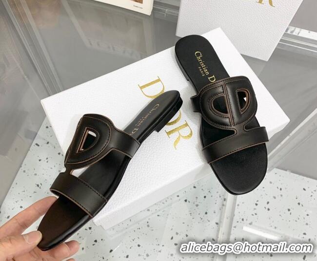 Top Design Dior Leather CD Flat Slide Sandals Black 042249