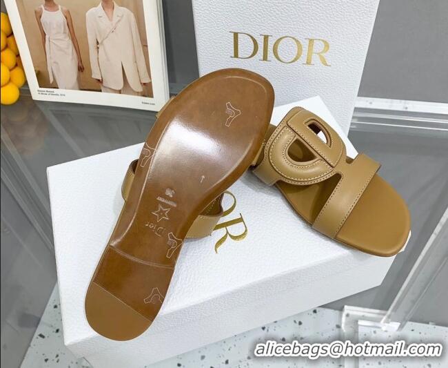 Charming Dior Leather CD Flat Slide Sandals Tan 042251