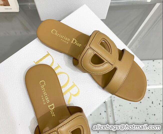 Charming Dior Leather CD Flat Slide Sandals Tan 042251