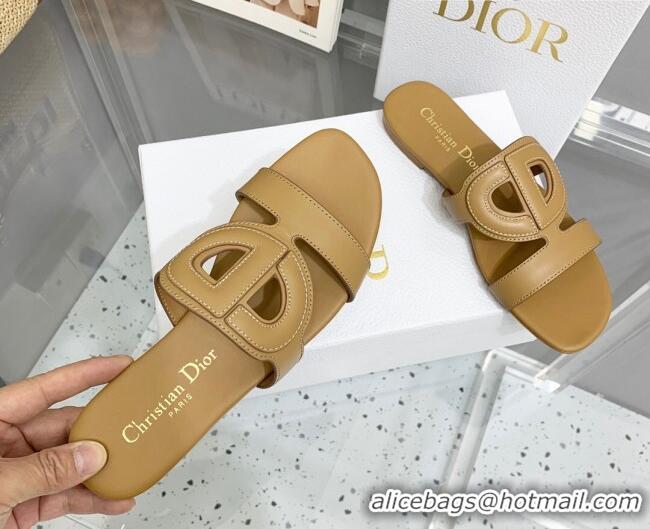 Charming Dior Leather CD Flat Slide Sandals Tan 042251