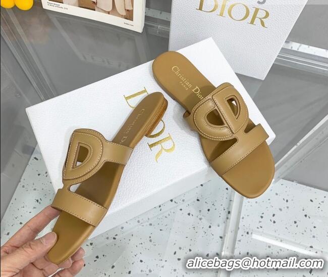 Charming Dior Leather CD Flat Slide Sandals Tan 042251