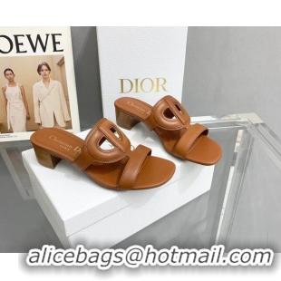 Shop Duplicate Dior Leather CD Heel Slide Sandals 4cm Brown 042252