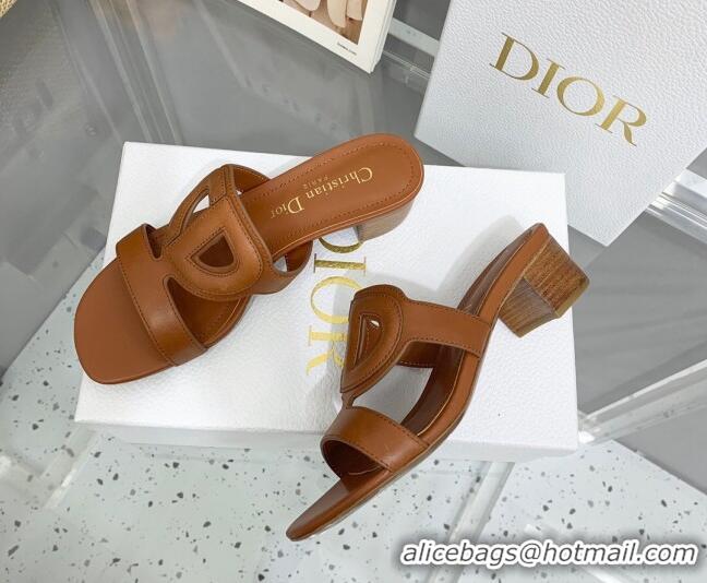 Shop Duplicate Dior Leather CD Heel Slide Sandals 4cm Brown 042252