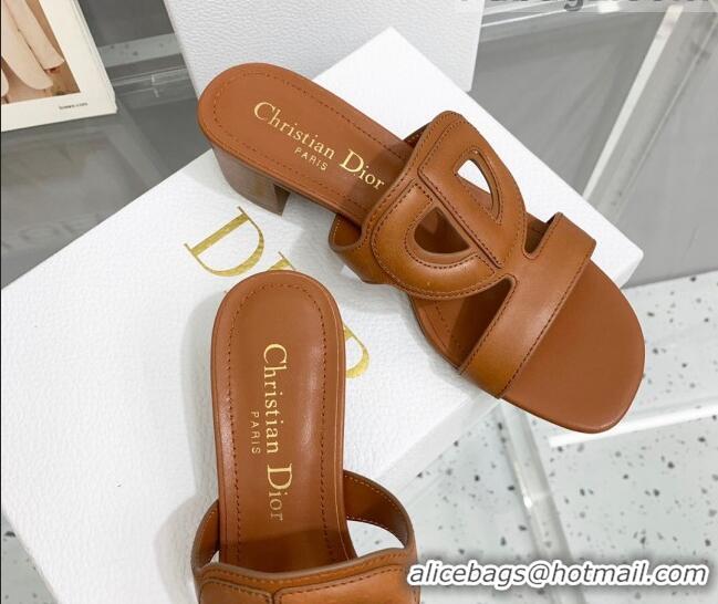 Shop Duplicate Dior Leather CD Heel Slide Sandals 4cm Brown 042252