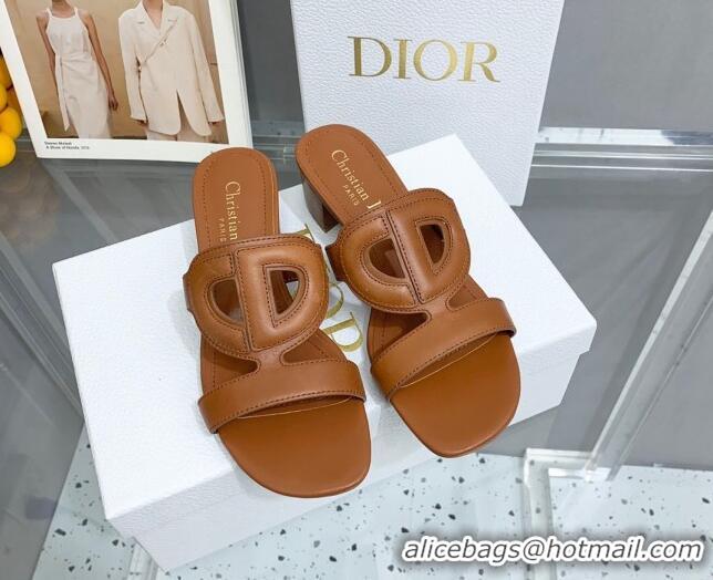 Shop Duplicate Dior Leather CD Heel Slide Sandals 4cm Brown 042252