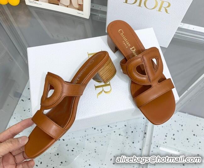 Shop Duplicate Dior Leather CD Heel Slide Sandals 4cm Brown 042252