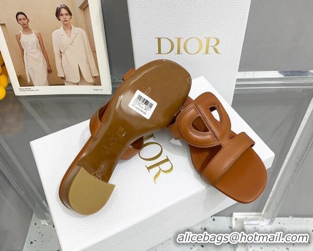 Shop Duplicate Dior Leather CD Heel Slide Sandals 4cm Brown 042252