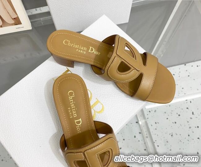 Best Product Dior Leather CD Heel Slide Sandals 4cm Tan 042253