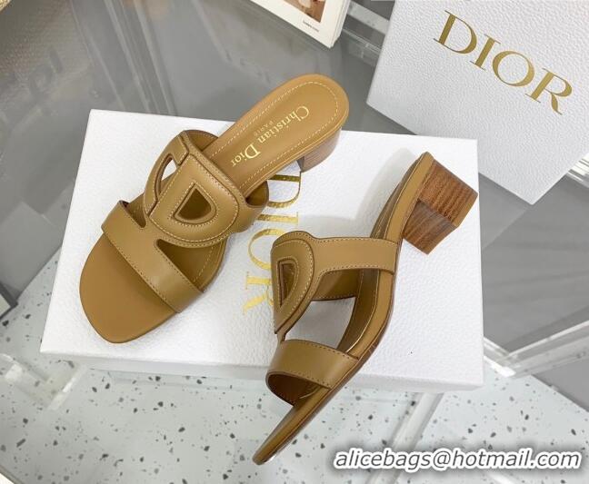 Best Product Dior Leather CD Heel Slide Sandals 4cm Tan 042253