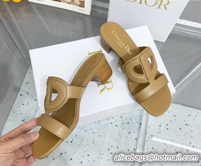 Best Product Dior Leather CD Heel Slide Sandals 4cm Tan 042253