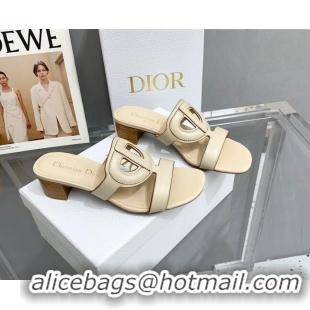 Top Grade Dior Leather CD Heel Slide Sandals 4cm Light Beige 042255