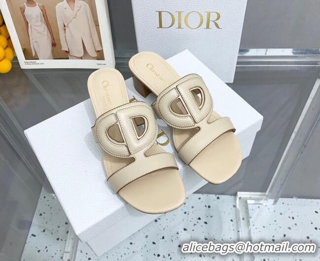 Top Grade Dior Leather CD Heel Slide Sandals 4cm Light Beige 042255