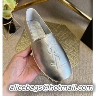 Feminine Saint Laurent Metallic Leather YSL Espadrilles Silver 021740