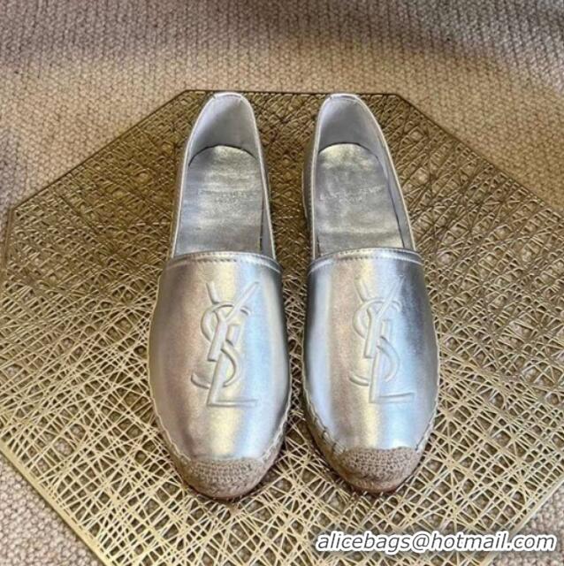 Feminine Saint Laurent Metallic Leather YSL Espadrilles Silver 021740