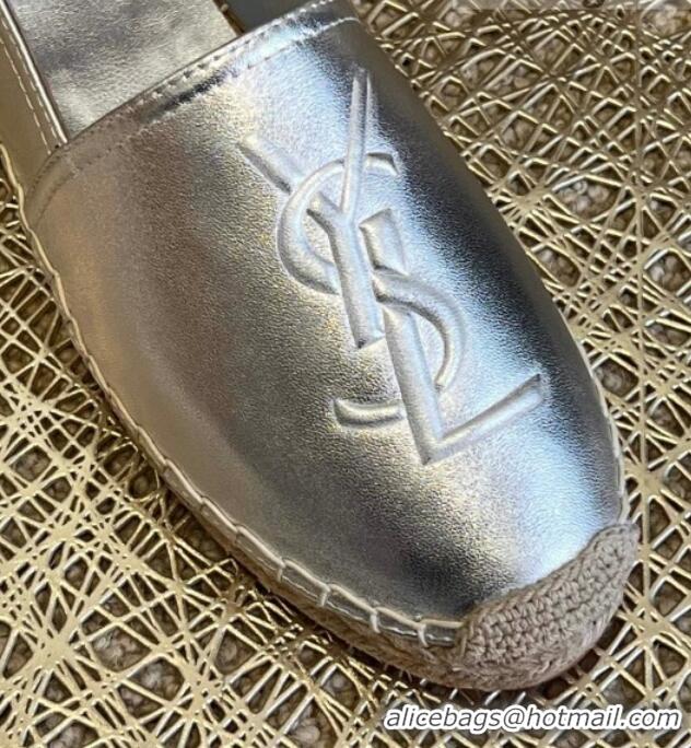 Feminine Saint Laurent Metallic Leather YSL Espadrilles Silver 021740