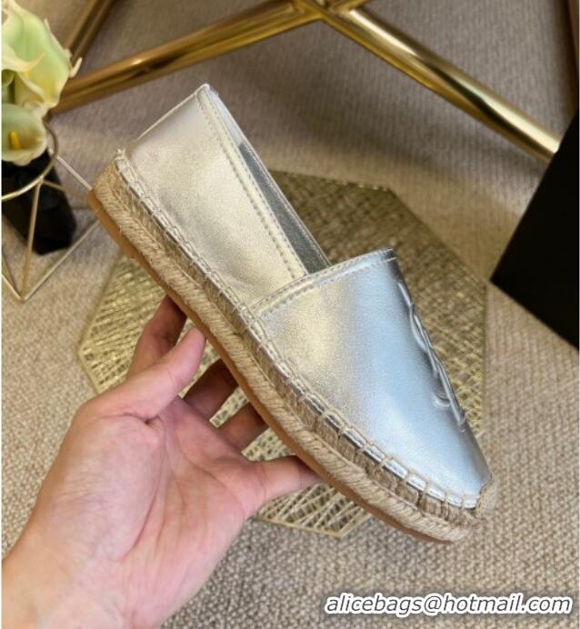 Feminine Saint Laurent Metallic Leather YSL Espadrilles Silver 021740