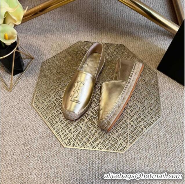 Top Design Saint Laurent Metallic Leather YSL Espadrilles Gold 021741