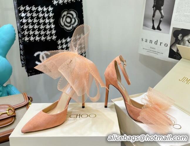 Top Grade Jimmy Choo Suede High Heel Pumps 10cm with Large Mesh Bow Peach Pink 032301