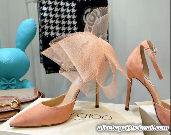 Top Grade Jimmy Choo Suede High Heel Pumps 10cm with Large Mesh Bow Peach Pink 032301