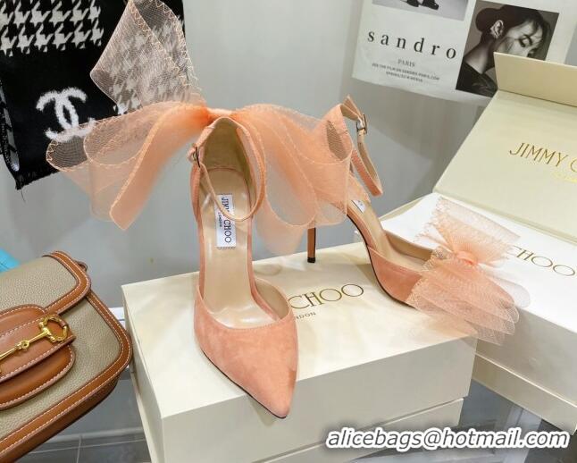 Top Grade Jimmy Choo Suede High Heel Pumps 10cm with Large Mesh Bow Peach Pink 032301