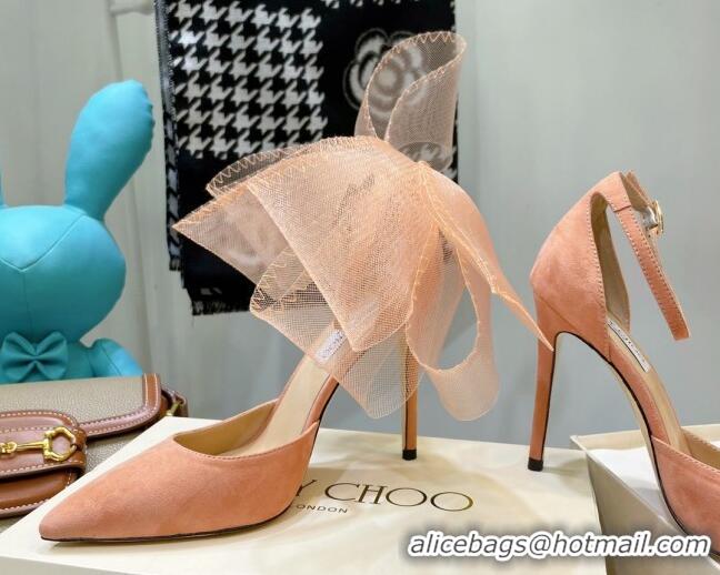 Top Grade Jimmy Choo Suede High Heel Pumps 10cm with Large Mesh Bow Peach Pink 032301