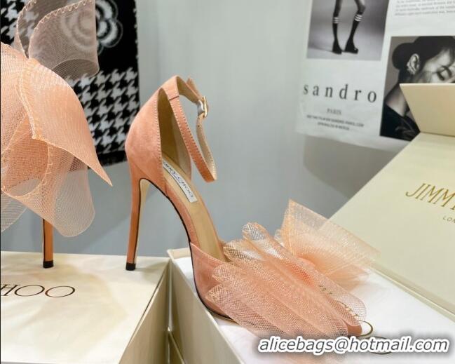 Top Grade Jimmy Choo Suede High Heel Pumps 10cm with Large Mesh Bow Peach Pink 032301