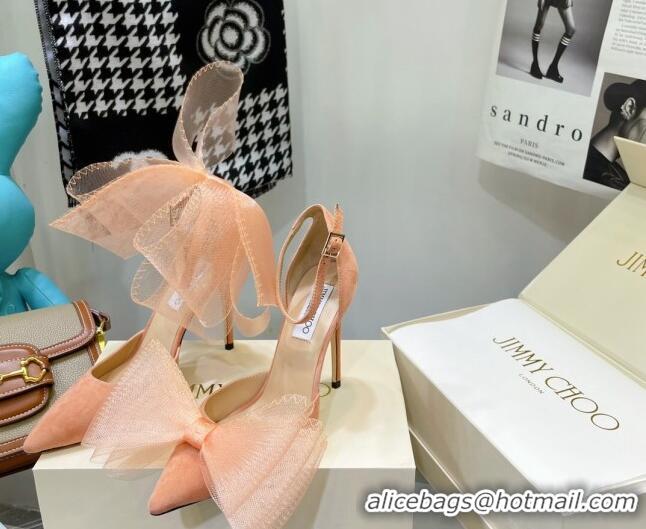 Top Grade Jimmy Choo Suede High Heel Pumps 10cm with Large Mesh Bow Peach Pink 032301