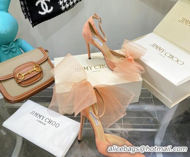 Top Grade Jimmy Choo Suede High Heel Pumps 10cm with Large Mesh Bow Peach Pink 032301