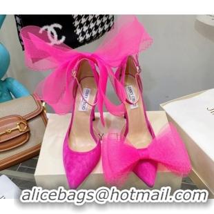 Good Quality Jimmy Choo Suede High Heel Pumps 10cm with Large Mesh Bow Hot Pink 032302