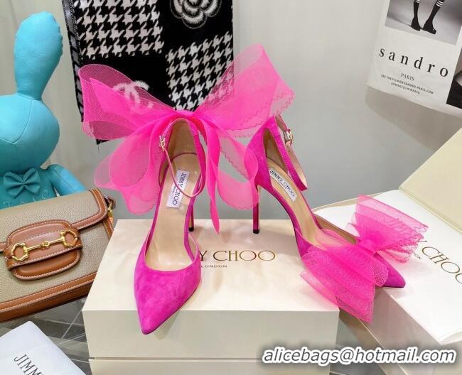 Good Quality Jimmy Choo Suede High Heel Pumps 10cm with Large Mesh Bow Hot Pink 032302