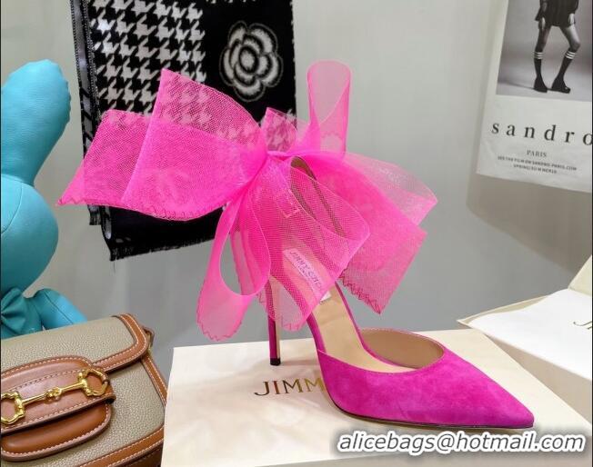 Good Quality Jimmy Choo Suede High Heel Pumps 10cm with Large Mesh Bow Hot Pink 032302