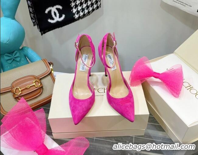 Good Quality Jimmy Choo Suede High Heel Pumps 10cm with Large Mesh Bow Hot Pink 032302