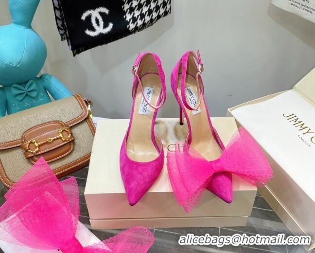 Good Quality Jimmy Choo Suede High Heel Pumps 10cm with Large Mesh Bow Hot Pink 032302